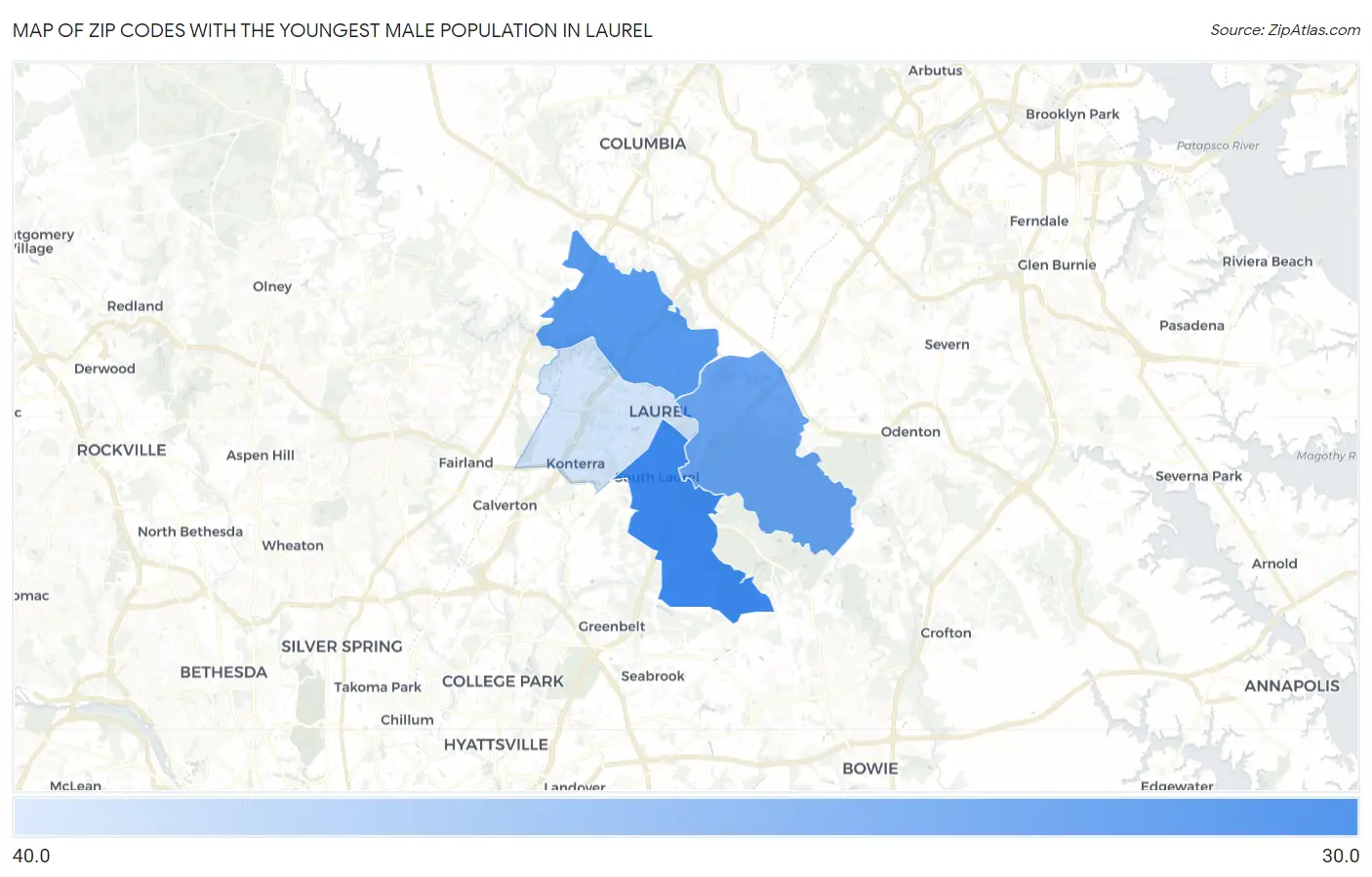 Zip Codes with the Youngest Male Population in Laurel Map