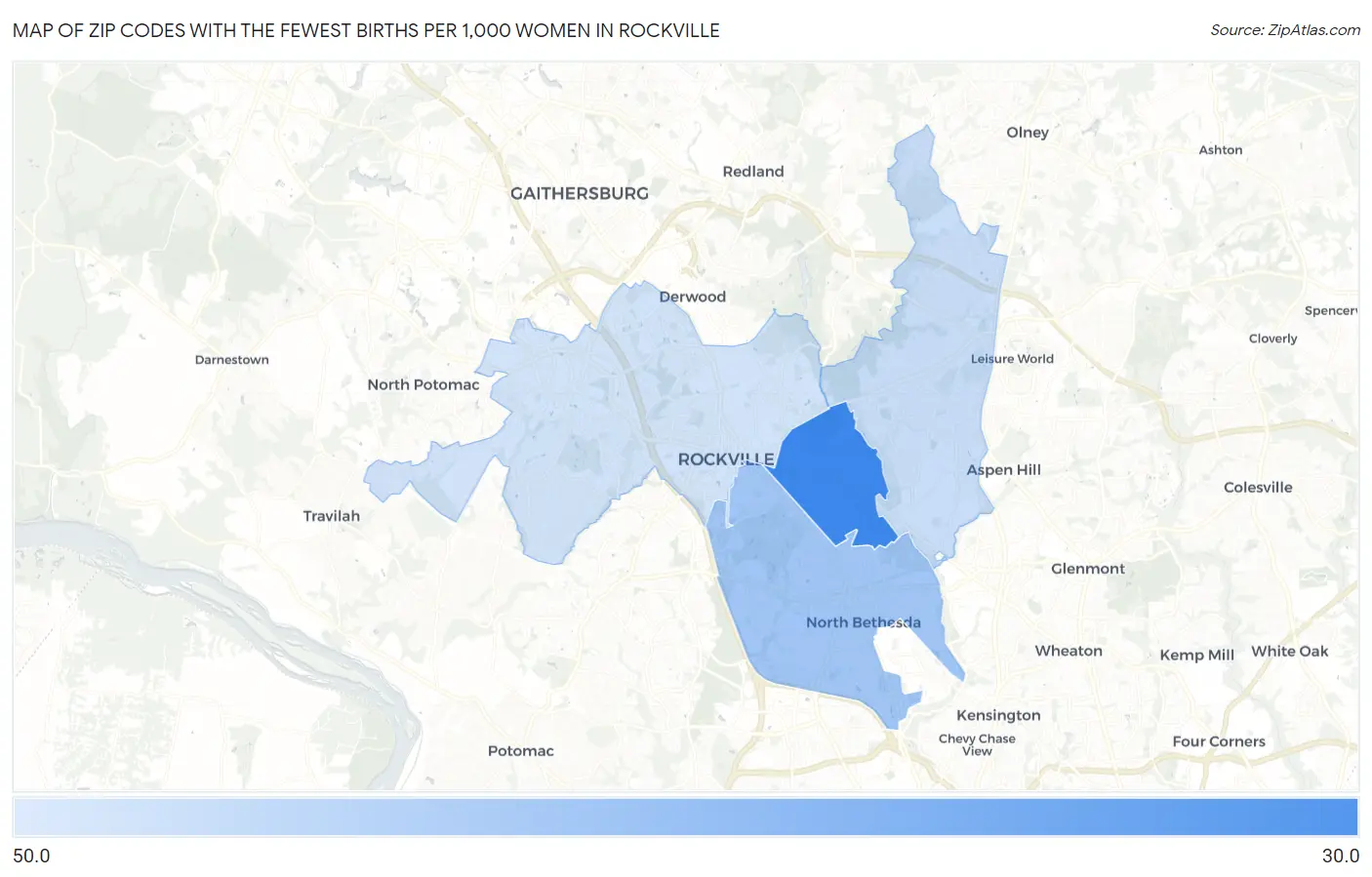 Zip Codes with the Fewest Births per 1,000 Women in Rockville Map