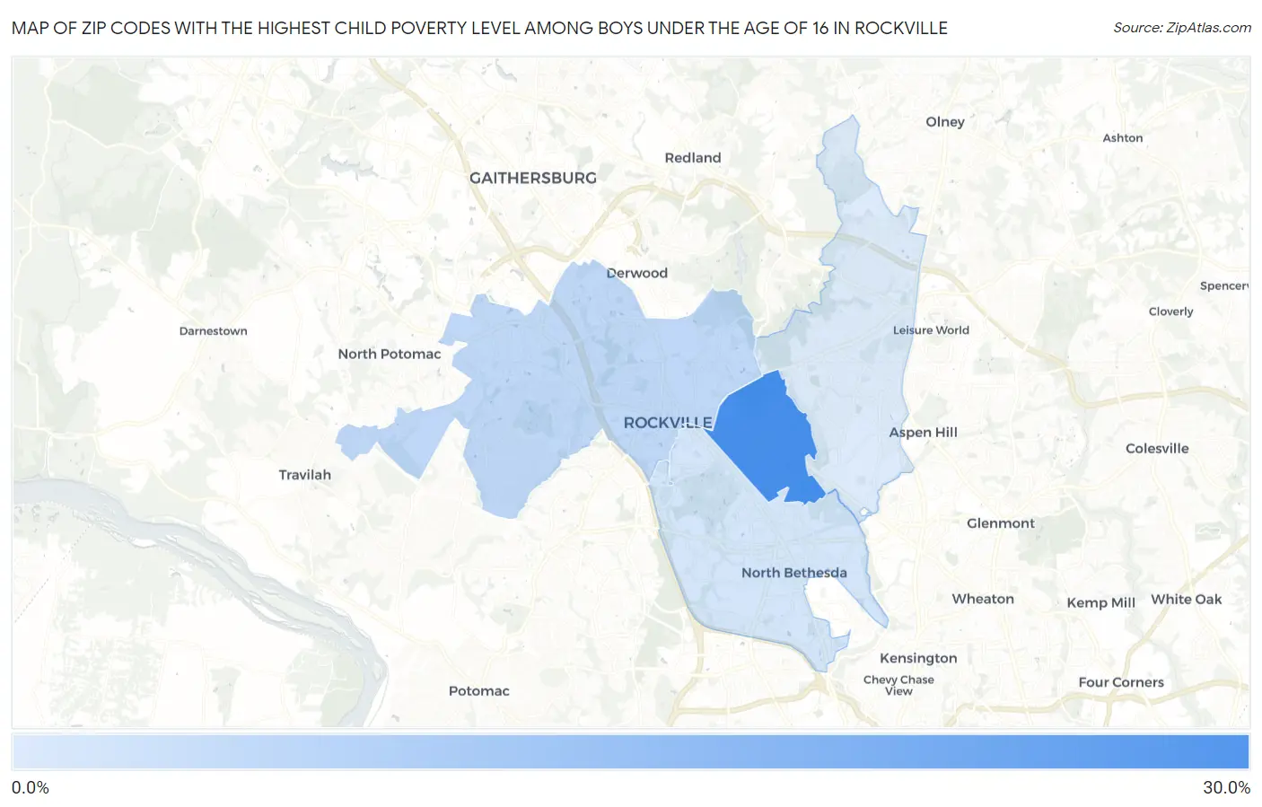 Zip Codes with the Highest Child Poverty Level Among Boys Under the Age of 16 in Rockville Map