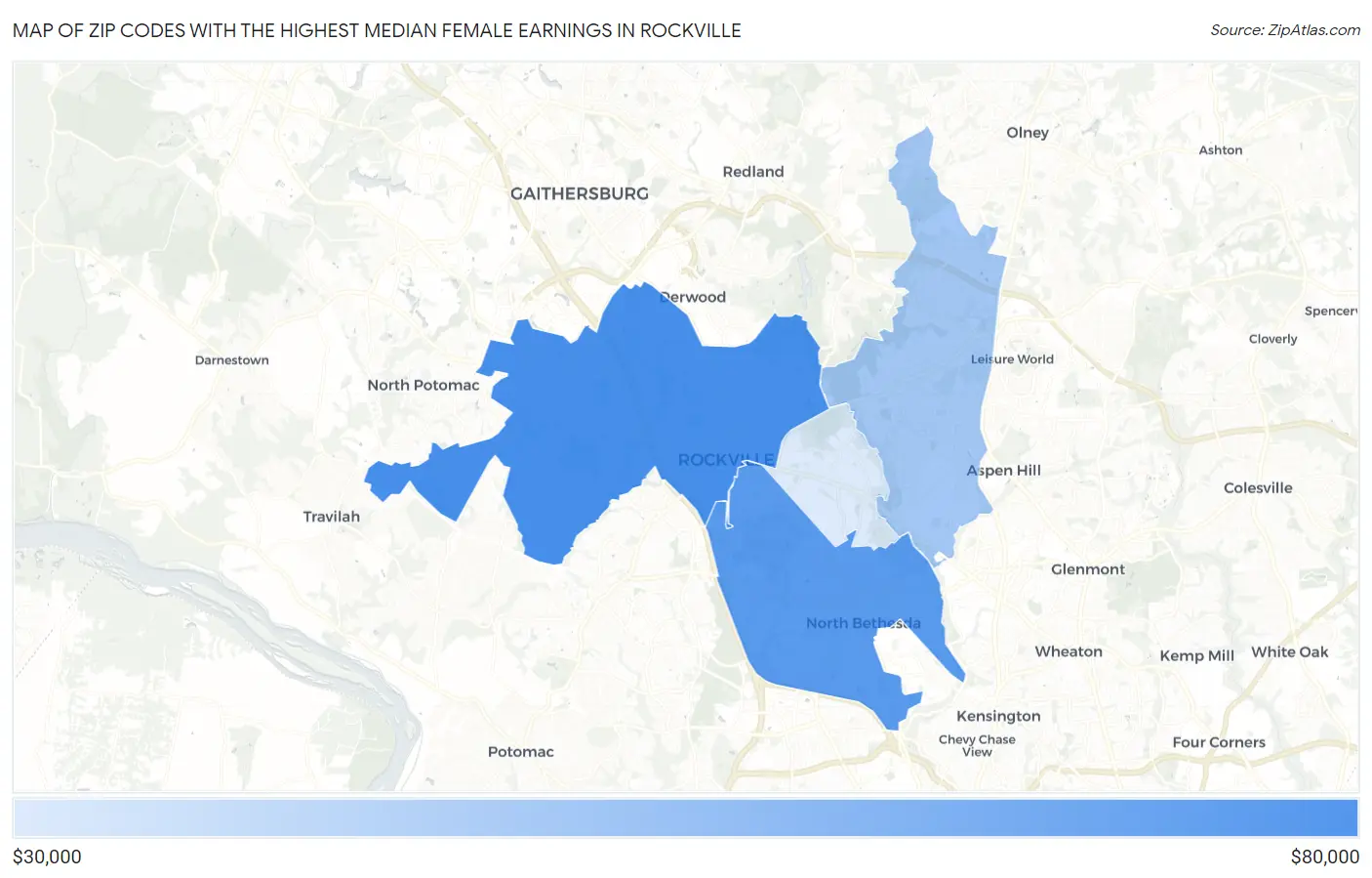 Zip Codes with the Highest Median Female Earnings in Rockville Map
