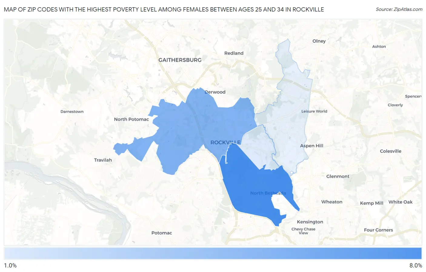 Zip Codes with the Highest Poverty Level Among Females Between Ages 25 and 34 in Rockville Map