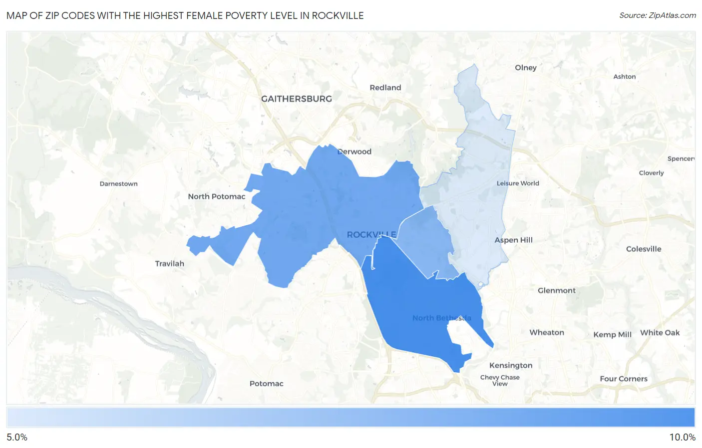 Zip Codes with the Highest Female Poverty Level in Rockville Map