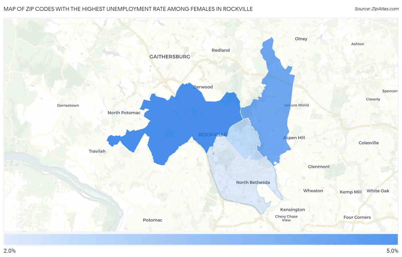 Zip Codes with the Highest Unemployment Rate Among Females in Rockville Map