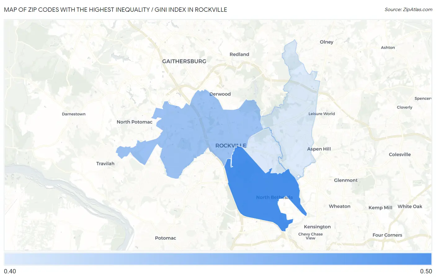 Zip Codes with the Highest Inequality / Gini Index in Rockville Map