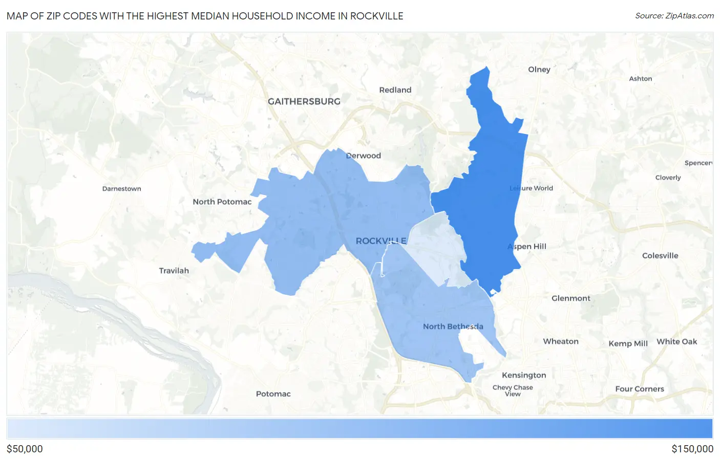 Zip Codes with the Highest Median Household Income in Rockville Map