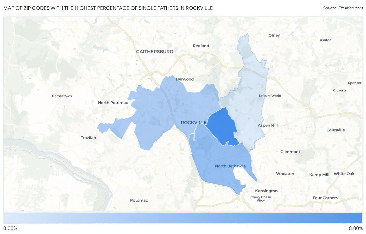 Zip Codes with the Highest Percentage of Single Fathers in Rockville Map
