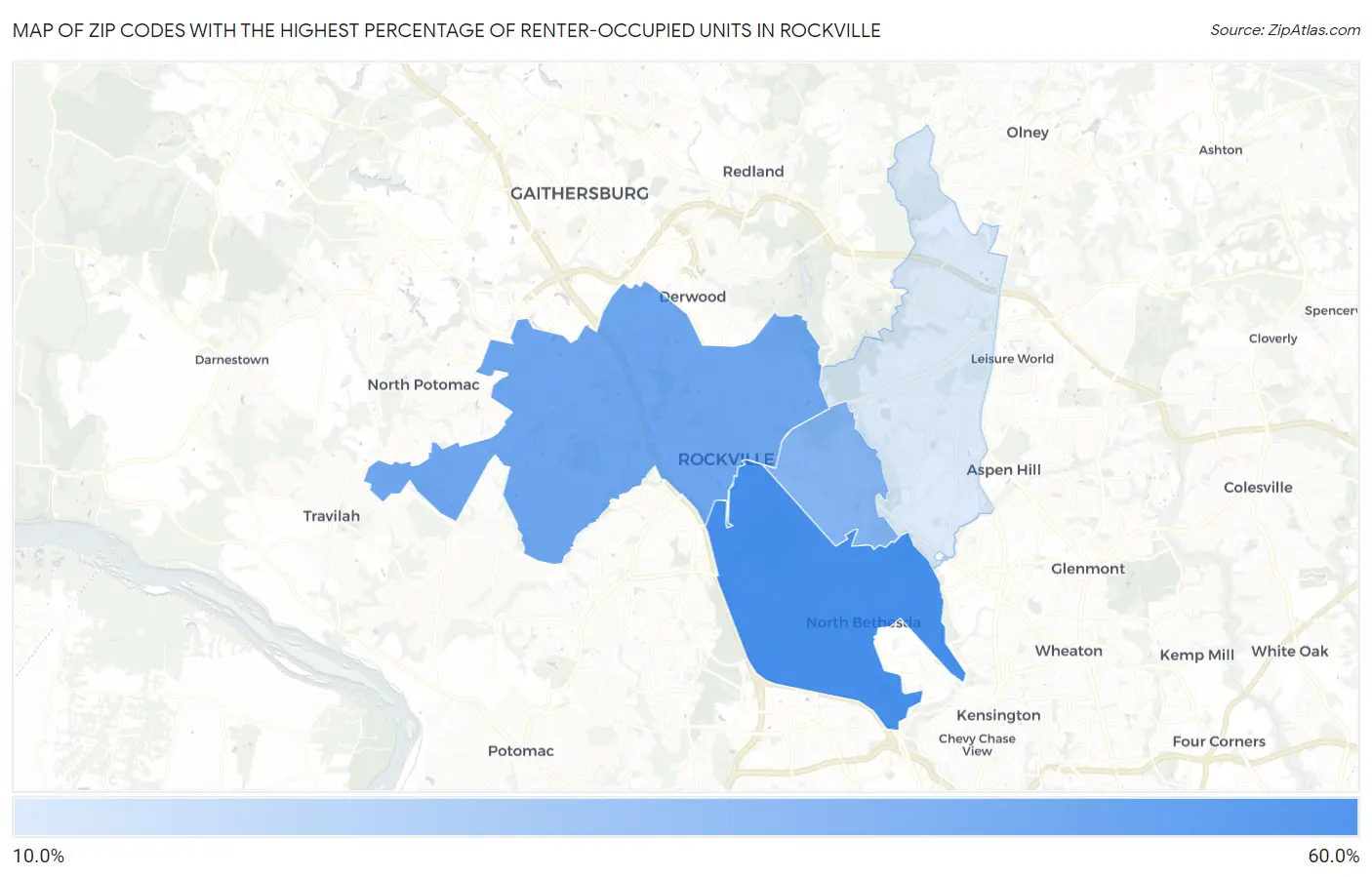 Zip Codes with the Highest Percentage of Renter-Occupied Units in Rockville Map