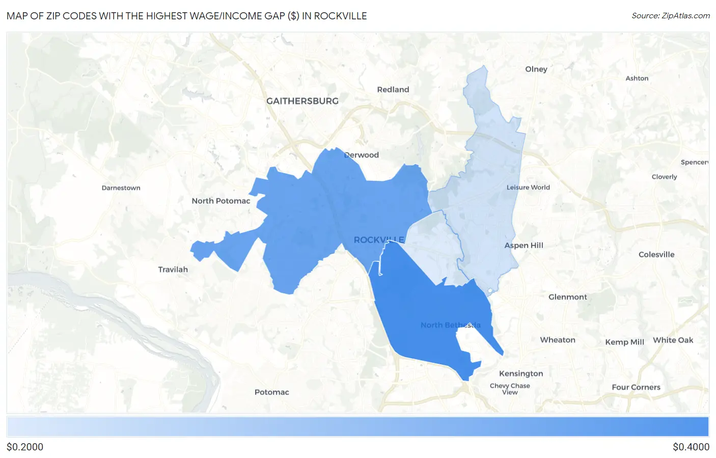 Zip Codes with the Highest Wage/Income Gap ($) in Rockville Map