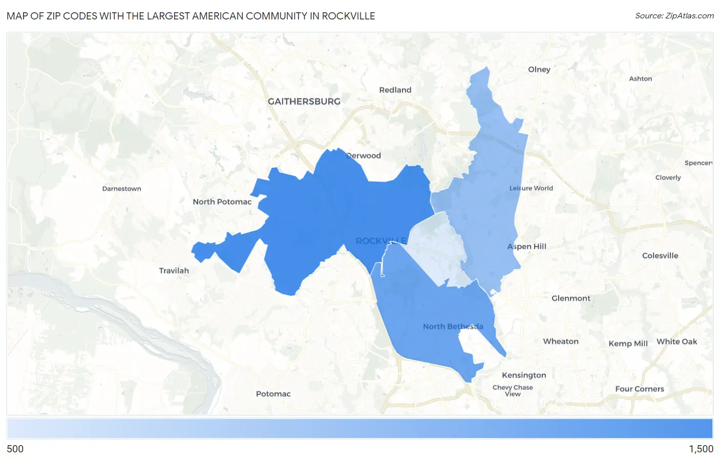 Zip Codes with the Largest American Community in Rockville Map
