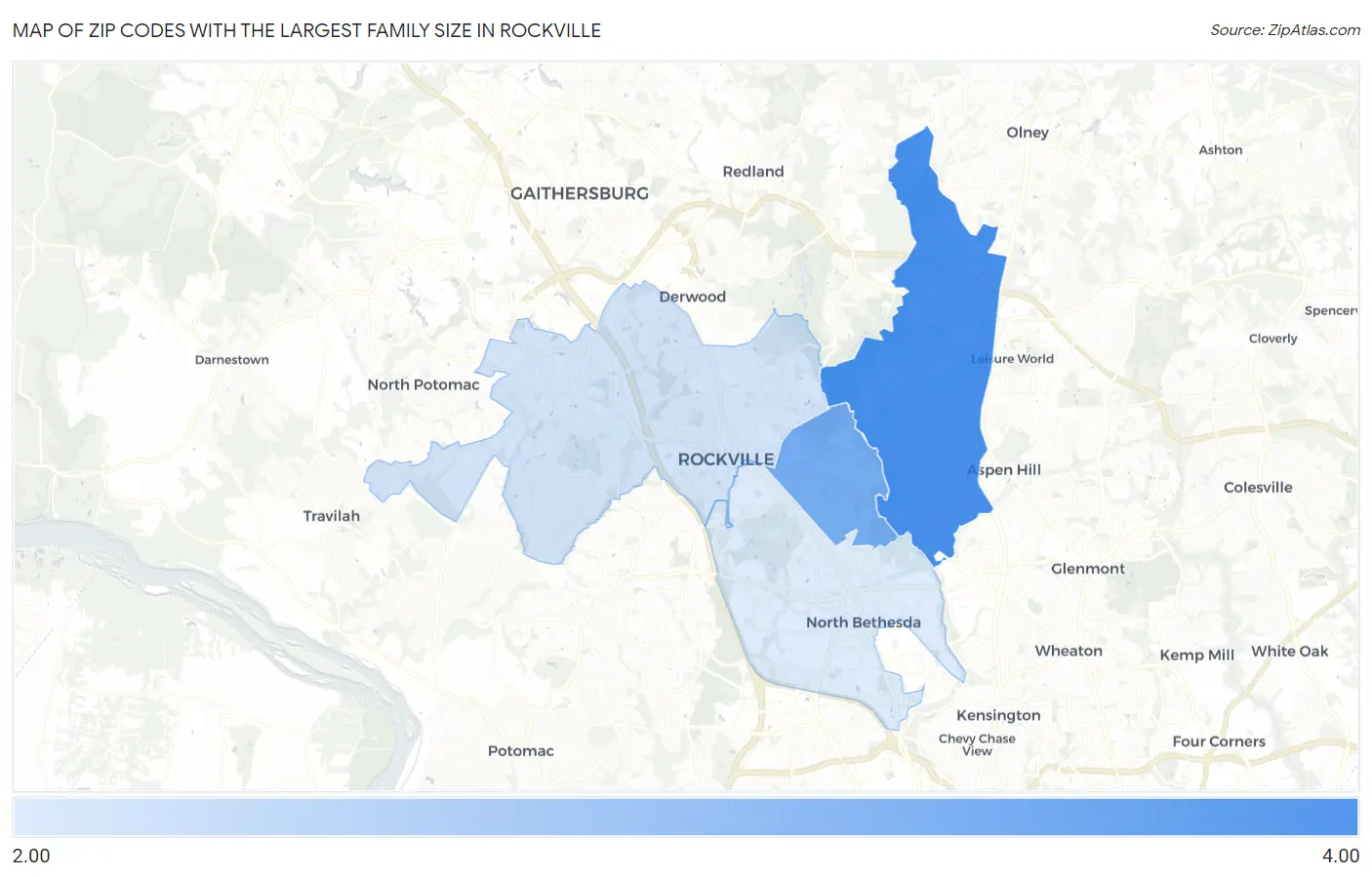Zip Codes with the Largest Family Size in Rockville Map
