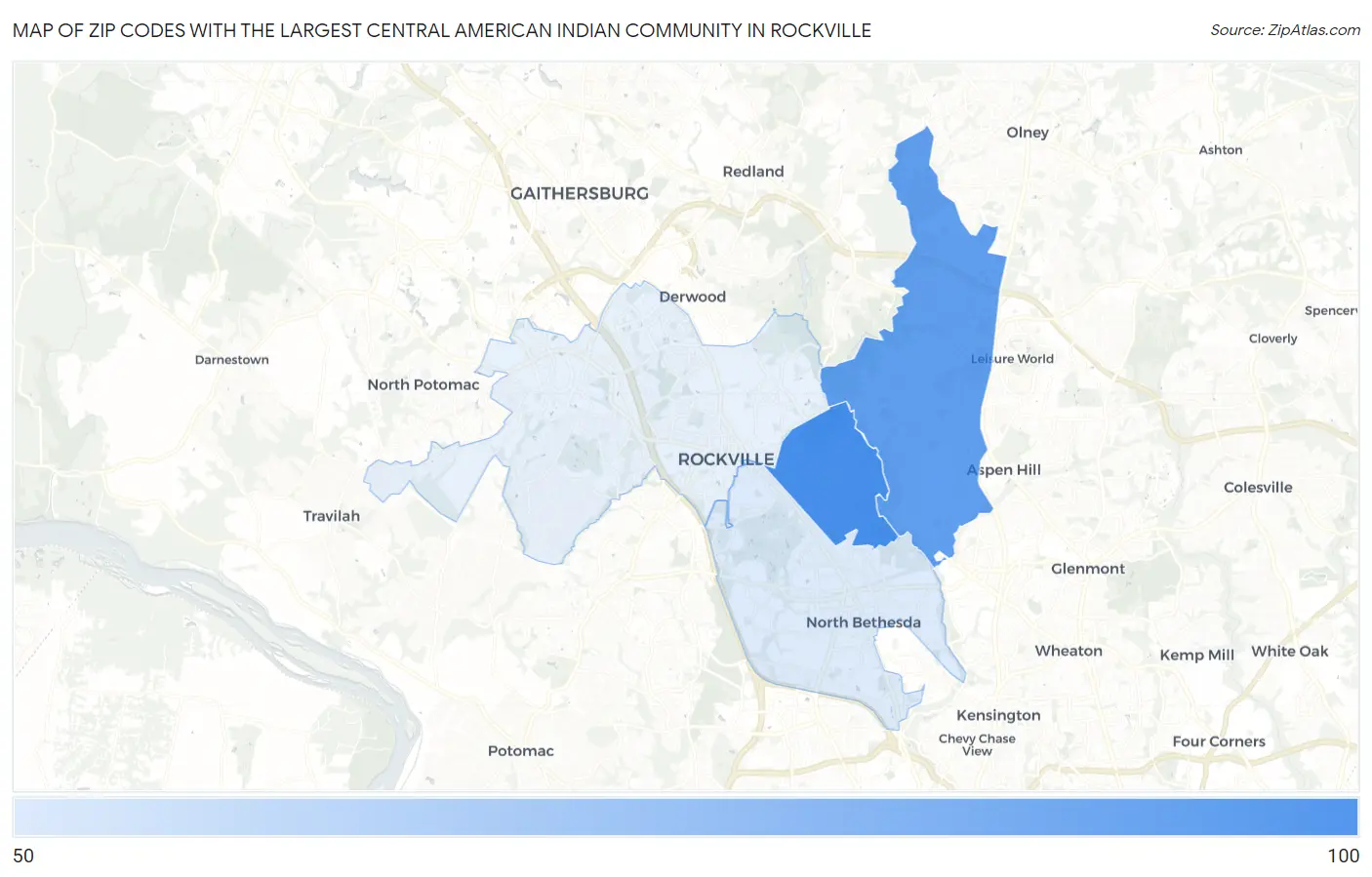 Zip Codes with the Largest Central American Indian Community in Rockville Map