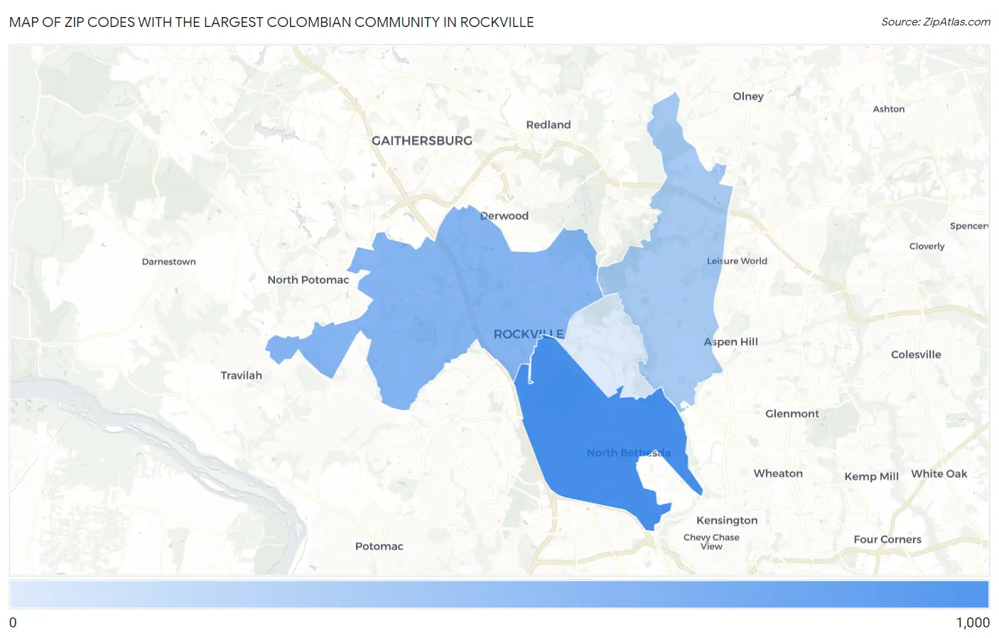 Zip Codes with the Largest Colombian Community in Rockville Map