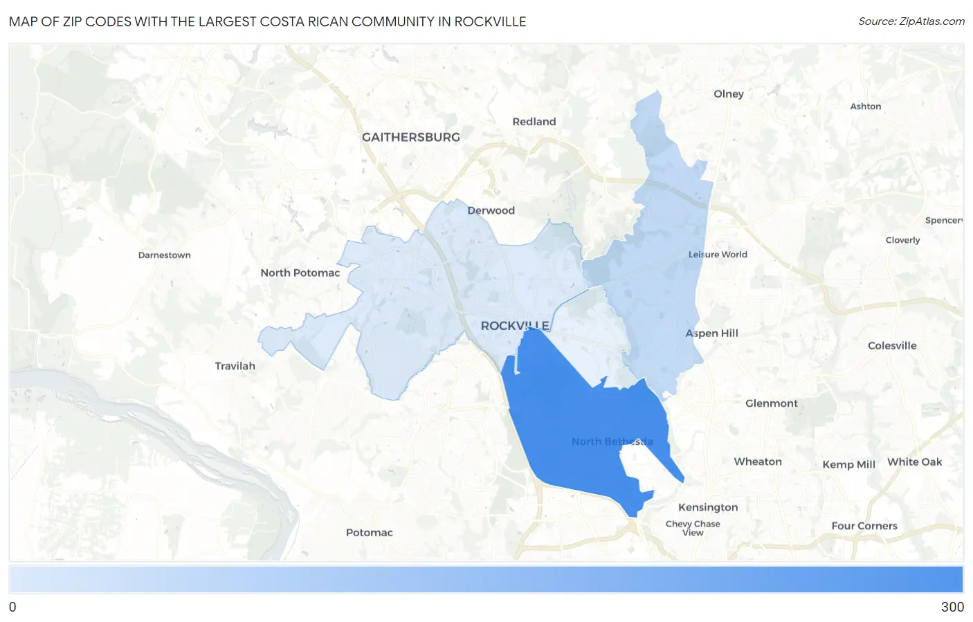 Zip Codes with the Largest Costa Rican Community in Rockville Map