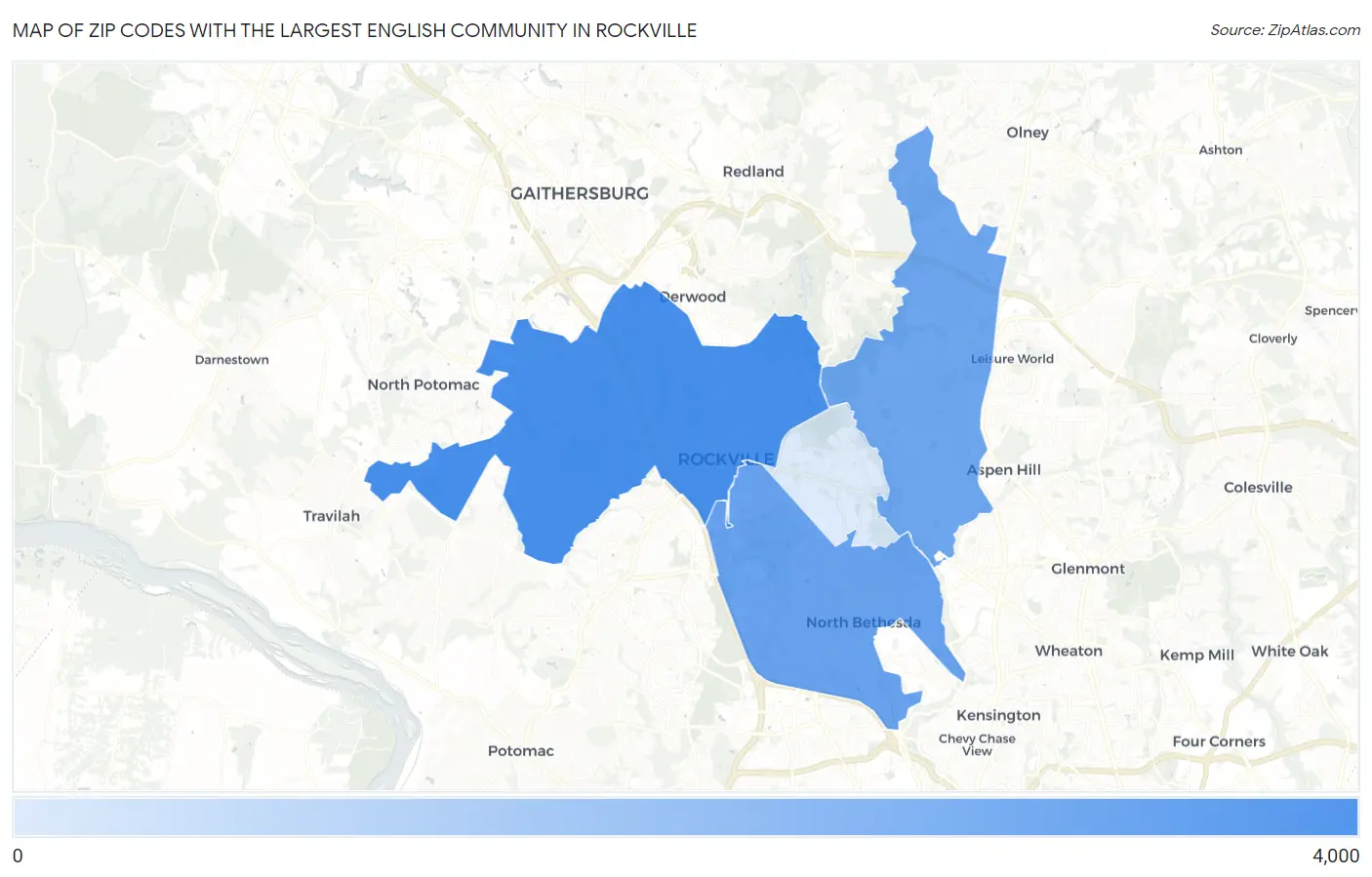 Zip Codes with the Largest English Community in Rockville Map