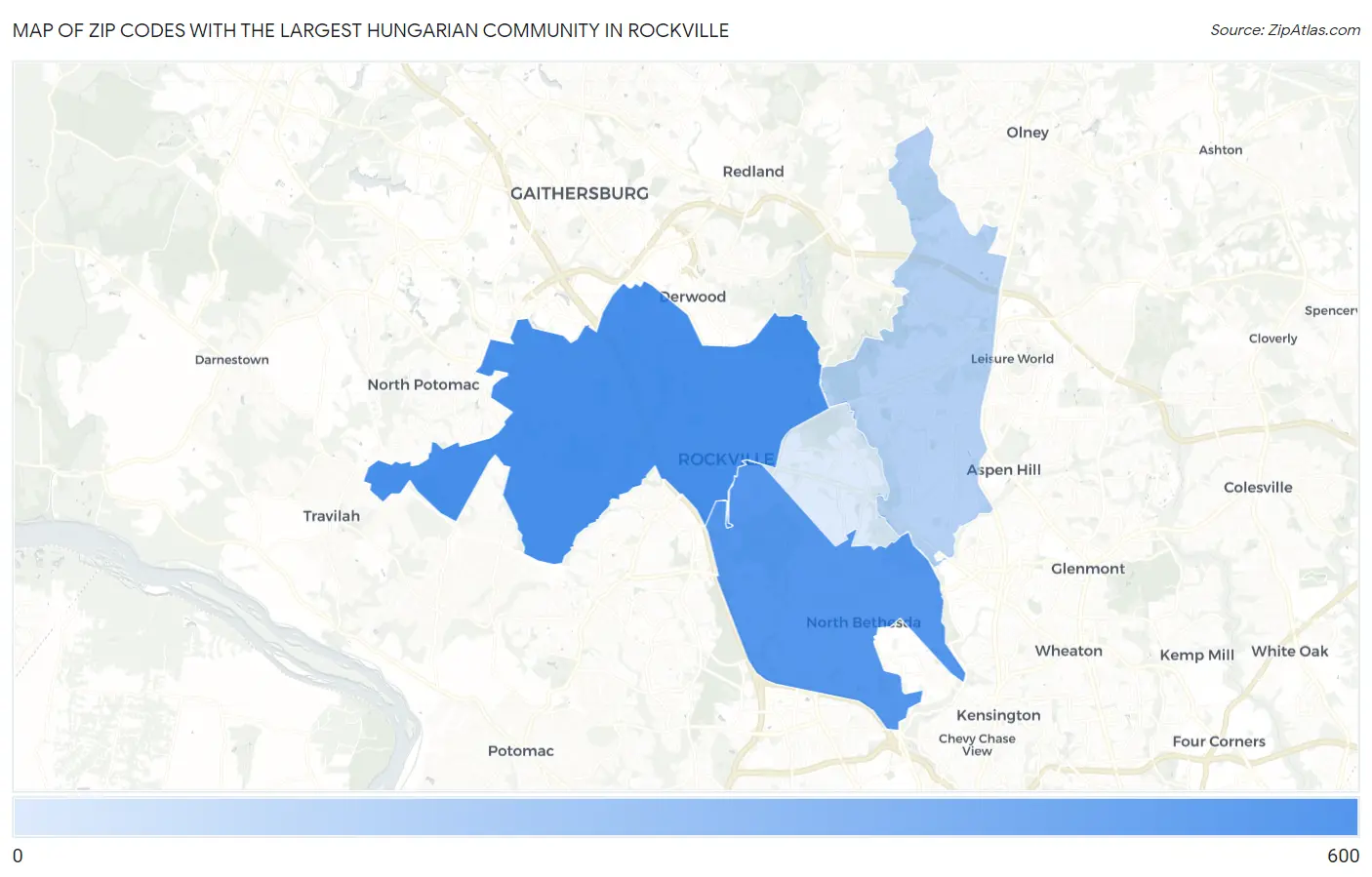 Zip Codes with the Largest Hungarian Community in Rockville Map