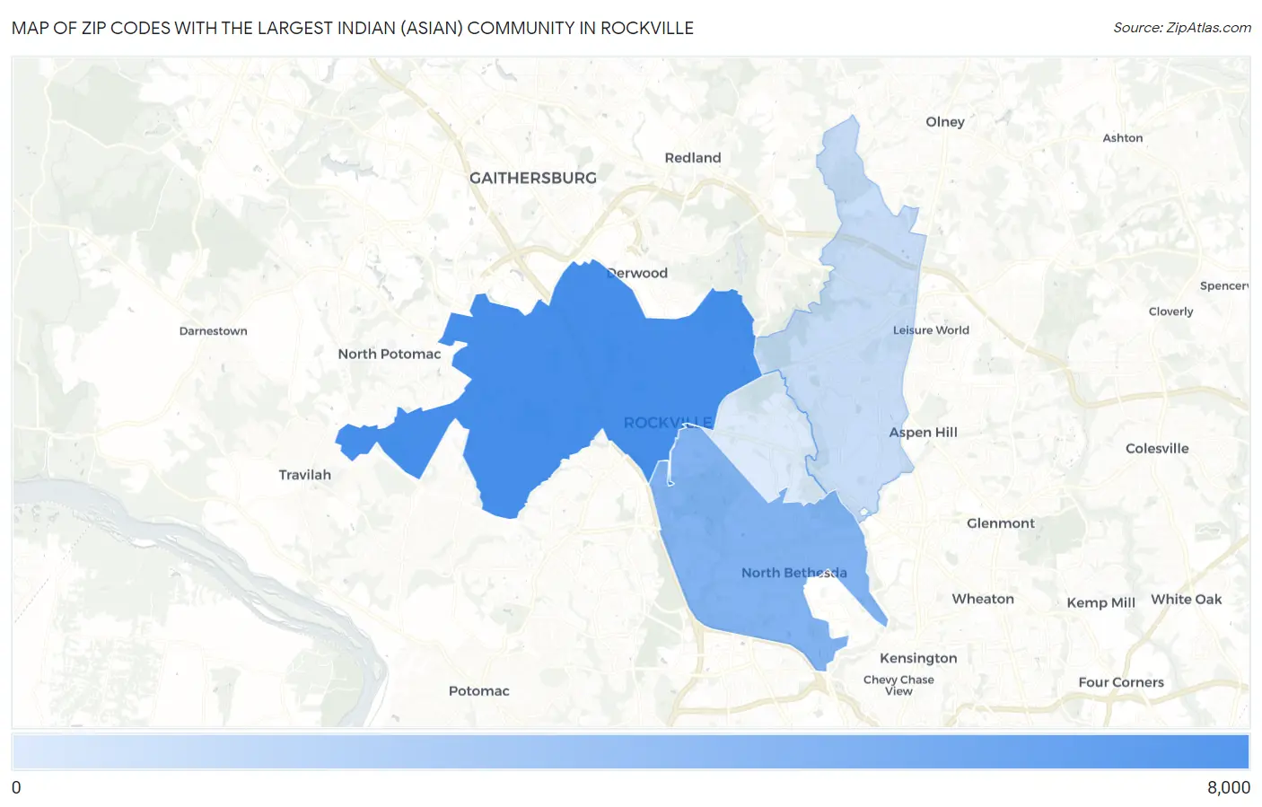 Zip Codes with the Largest Indian (Asian) Community in Rockville Map