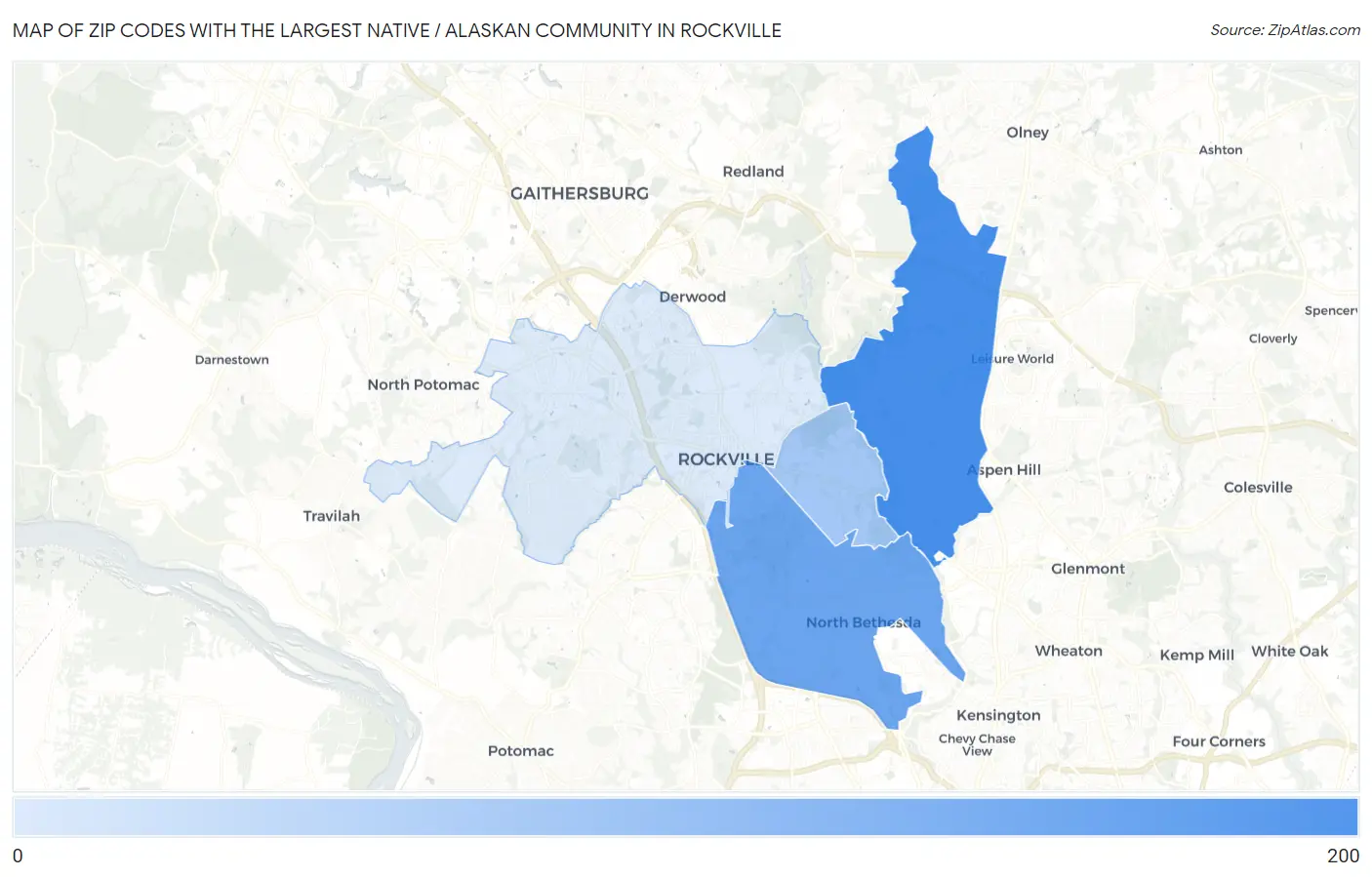 Zip Codes with the Largest Native / Alaskan Community in Rockville Map