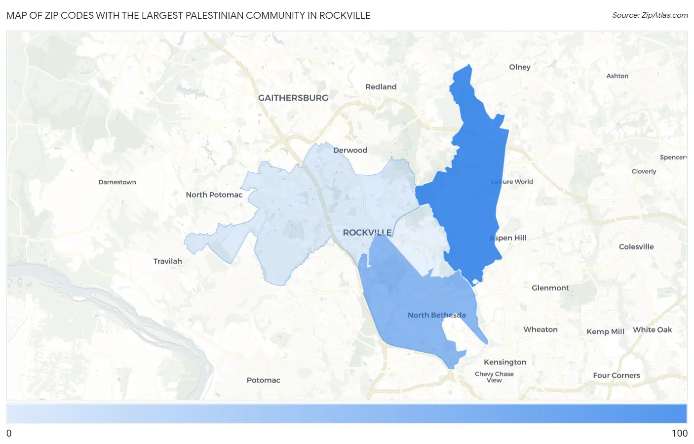 Zip Codes with the Largest Palestinian Community in Rockville Map
