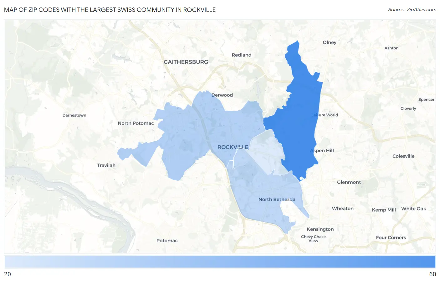 Zip Codes with the Largest Swiss Community in Rockville Map