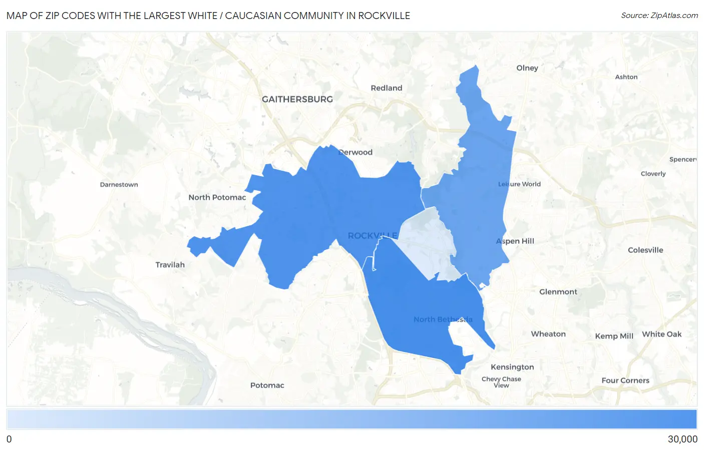 Zip Codes with the Largest White / Caucasian Community in Rockville Map