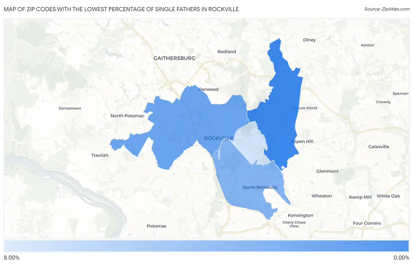 Zip Codes with the Lowest Percentage of Single Fathers in Rockville Map