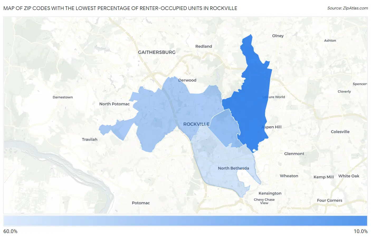 Zip Codes with the Lowest Percentage of Renter-Occupied Units in Rockville Map