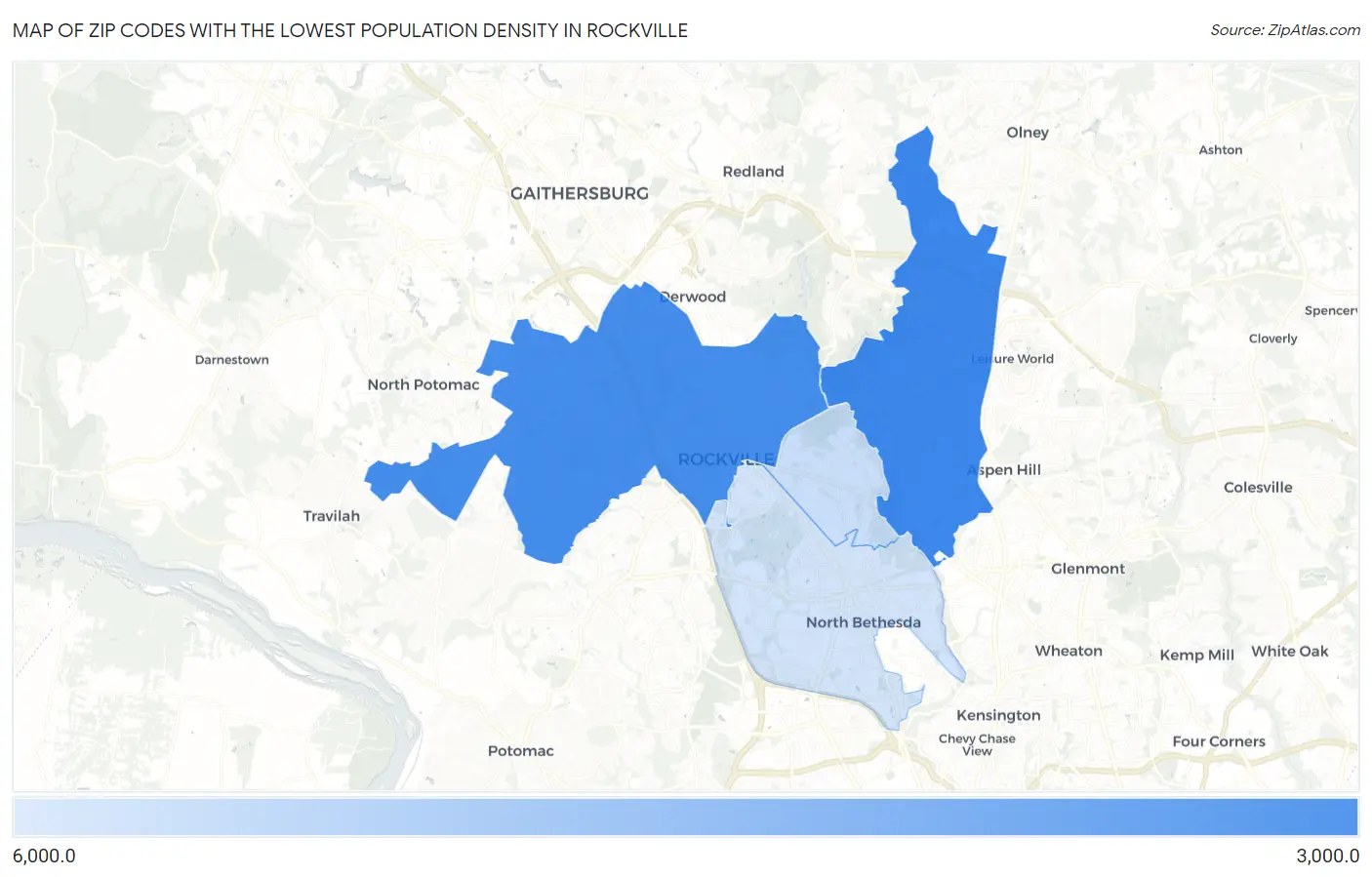 Zip Codes with the Lowest Population Density in Rockville Map