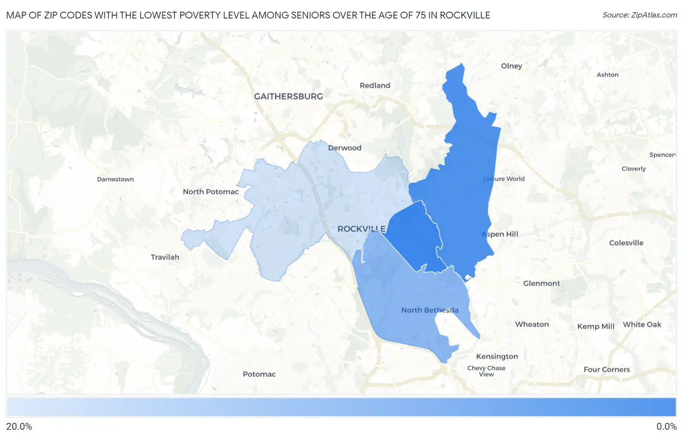 Zip Codes with the Lowest Poverty Level Among Seniors Over the Age of 75 in Rockville Map