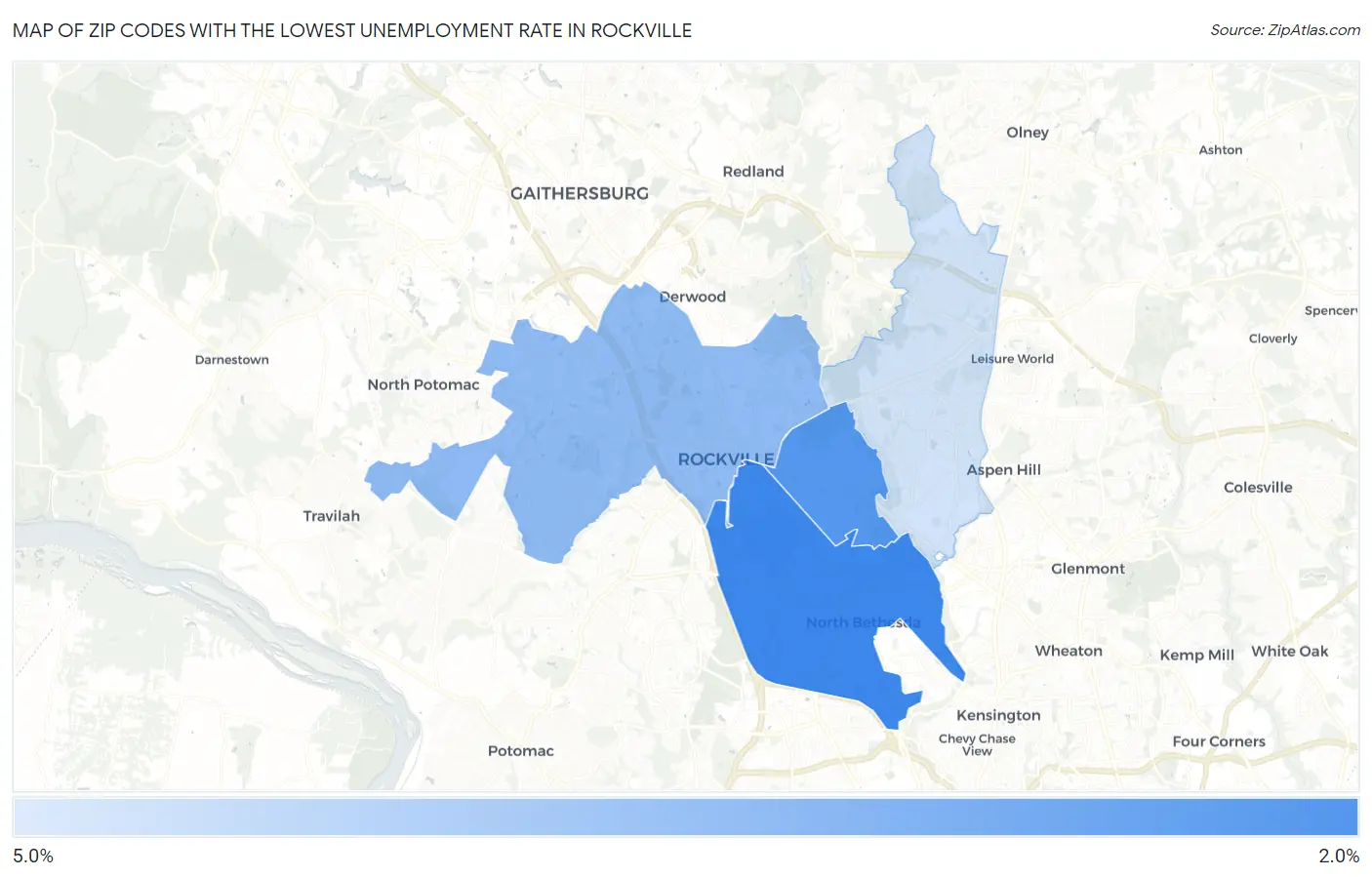 Zip Codes with the Lowest Unemployment Rate in Rockville Map