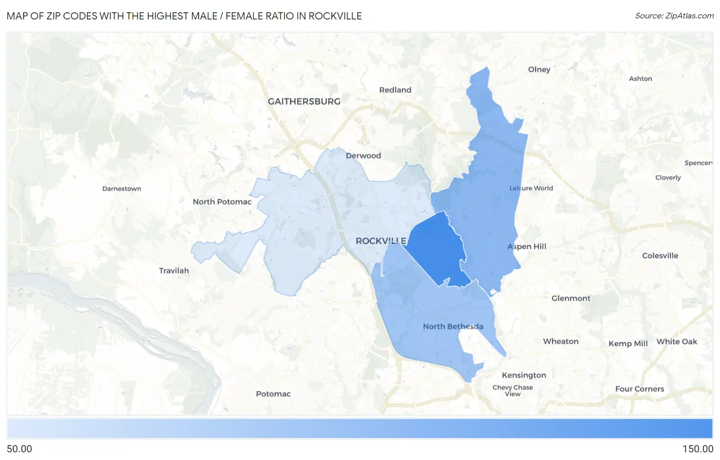 Zip Codes with the Highest Male / Female Ratio in Rockville Map