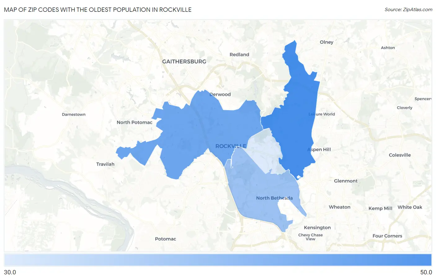 Zip Codes with the Oldest Population in Rockville Map