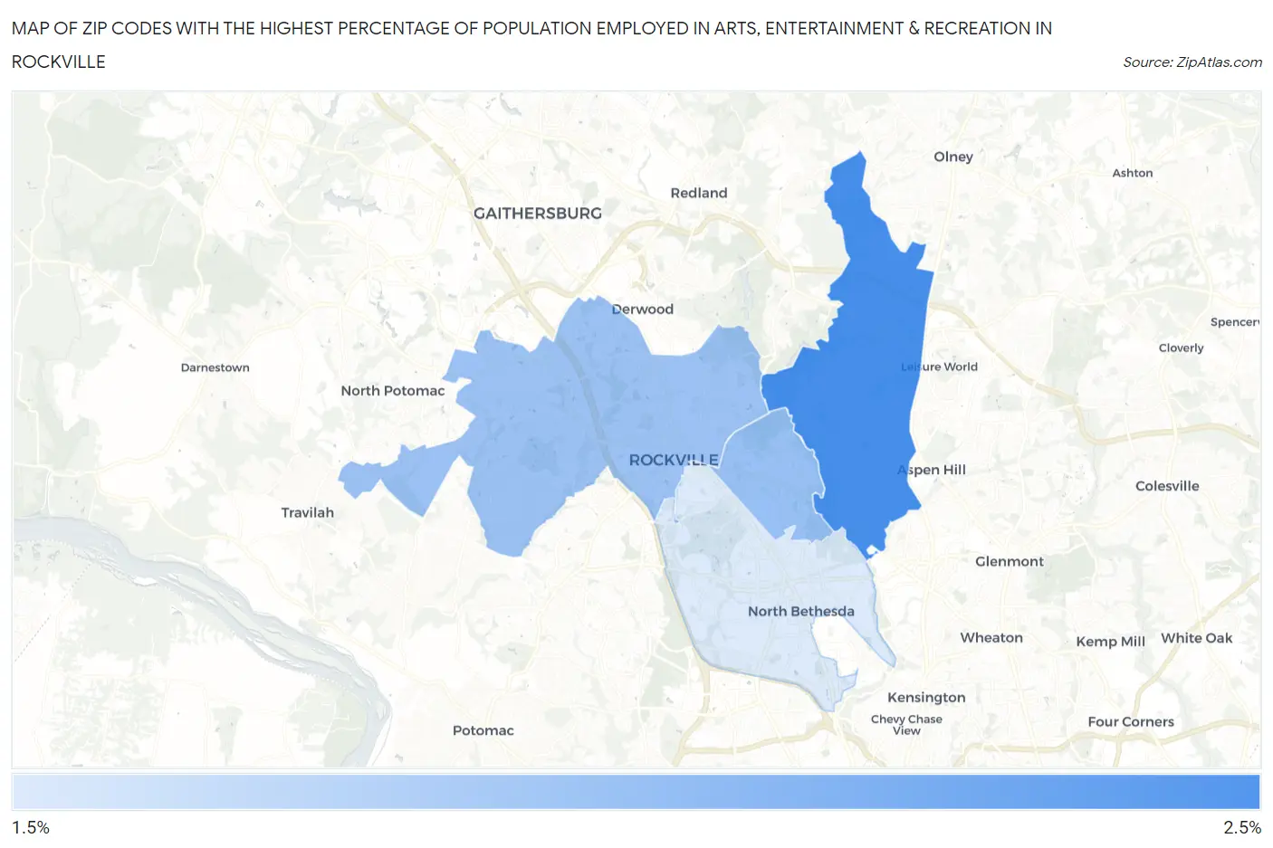 Zip Codes with the Highest Percentage of Population Employed in Arts, Entertainment & Recreation in Rockville Map