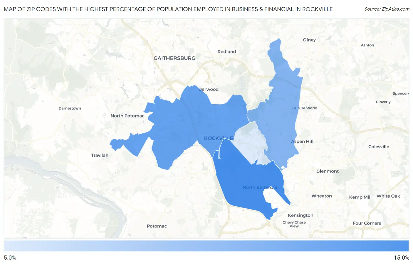 Zip Codes with the Highest Percentage of Population Employed in Business & Financial in Rockville Map
