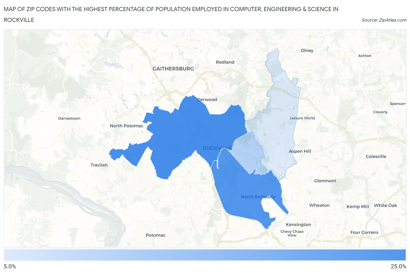 Zip Codes with the Highest Percentage of Population Employed in Computer, Engineering & Science in Rockville Map