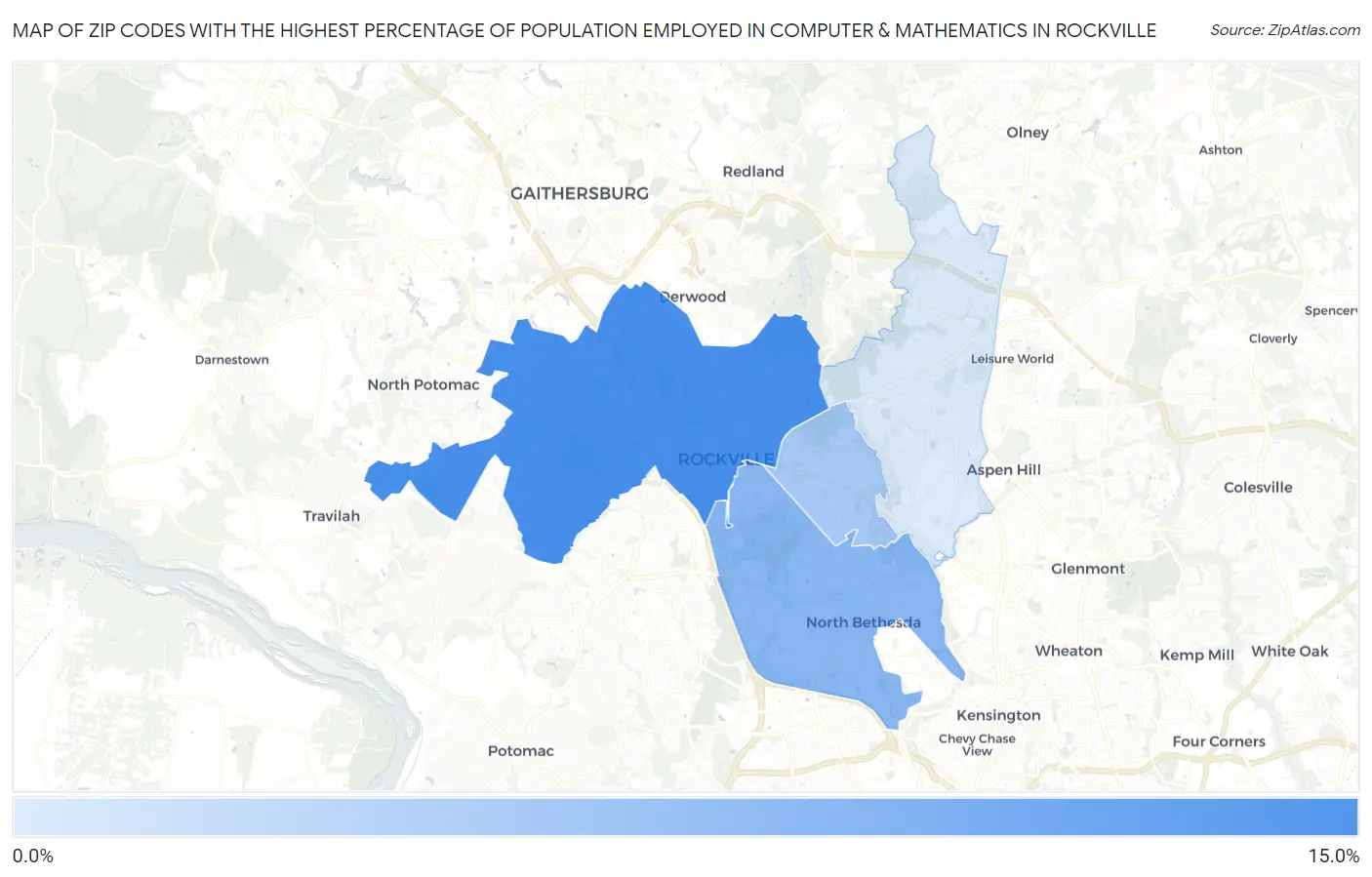Zip Codes with the Highest Percentage of Population Employed in Computer & Mathematics in Rockville Map