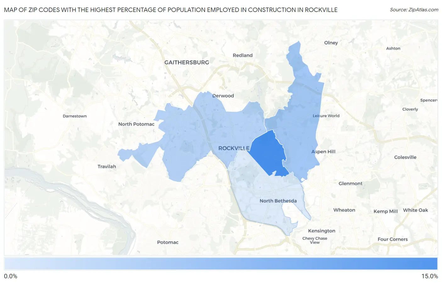 Zip Codes with the Highest Percentage of Population Employed in Construction in Rockville Map