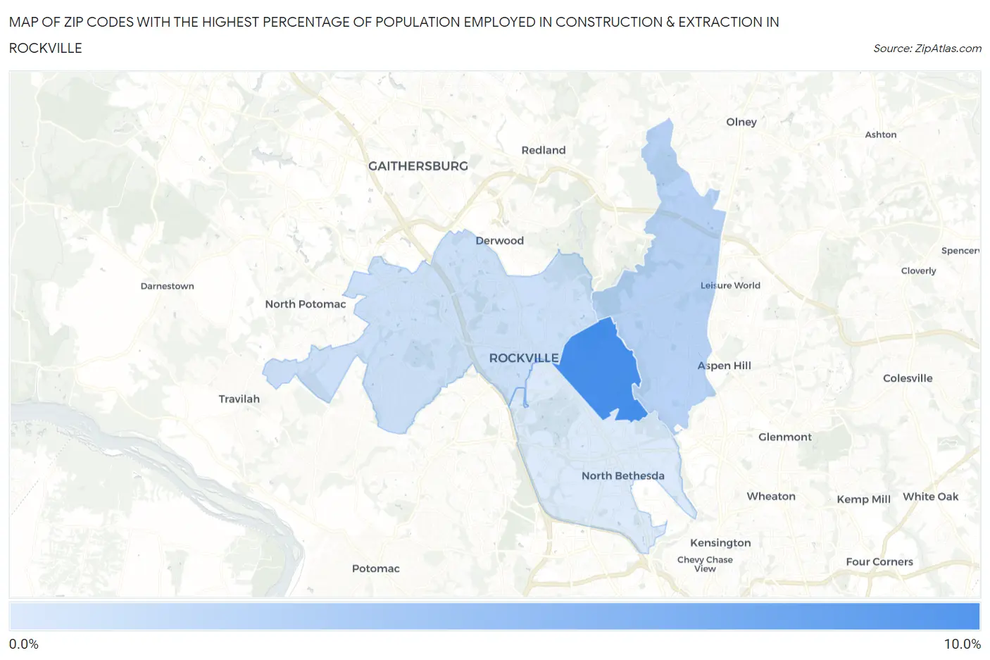 Zip Codes with the Highest Percentage of Population Employed in Construction & Extraction in Rockville Map