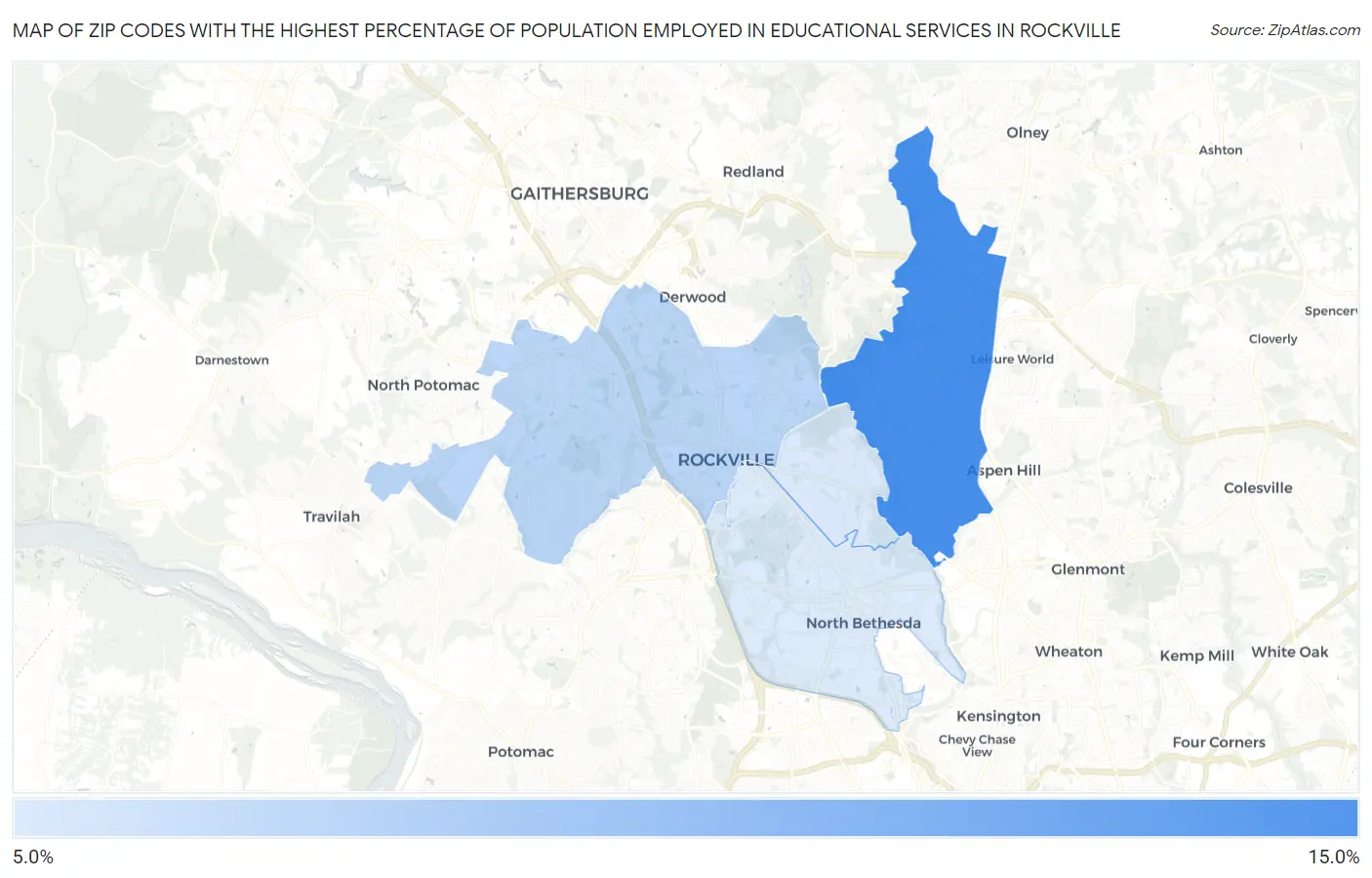 Zip Codes with the Highest Percentage of Population Employed in Educational Services in Rockville Map