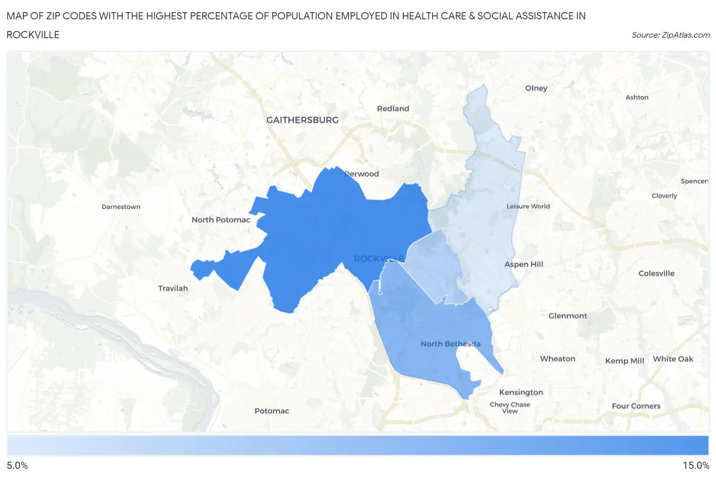 Zip Codes with the Highest Percentage of Population Employed in Health Care & Social Assistance in Rockville Map