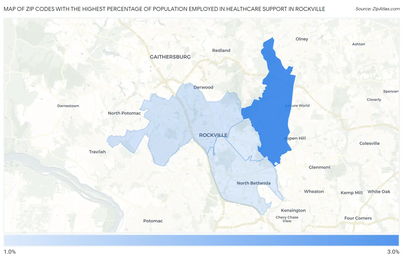Zip Codes with the Highest Percentage of Population Employed in Healthcare Support in Rockville Map
