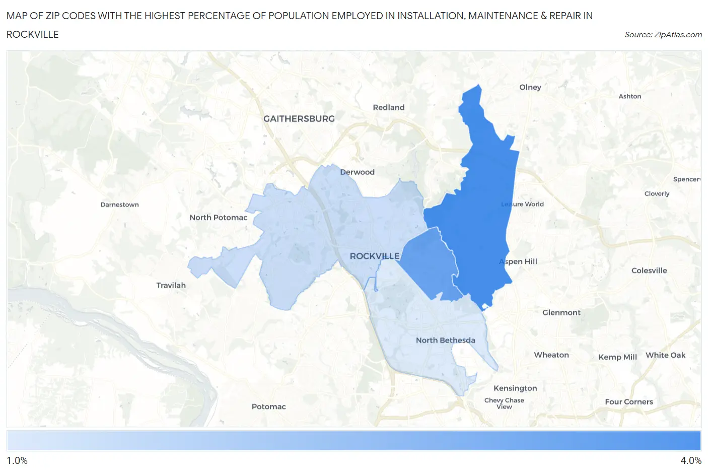 Zip Codes with the Highest Percentage of Population Employed in Installation, Maintenance & Repair in Rockville Map