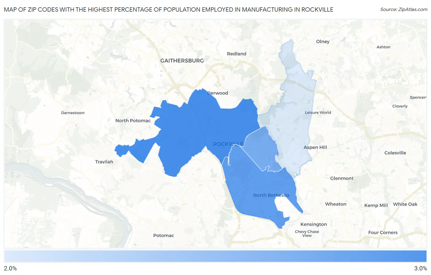 Zip Codes with the Highest Percentage of Population Employed in Manufacturing in Rockville Map