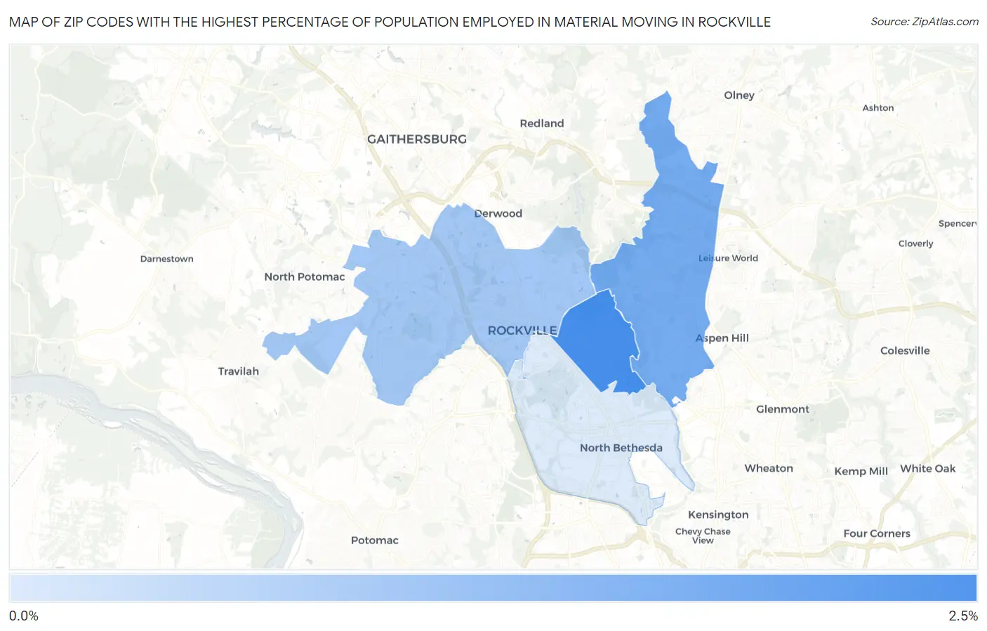Zip Codes with the Highest Percentage of Population Employed in Material Moving in Rockville Map
