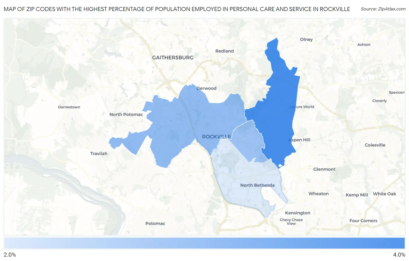 Zip Codes with the Highest Percentage of Population Employed in Personal Care and Service in Rockville Map