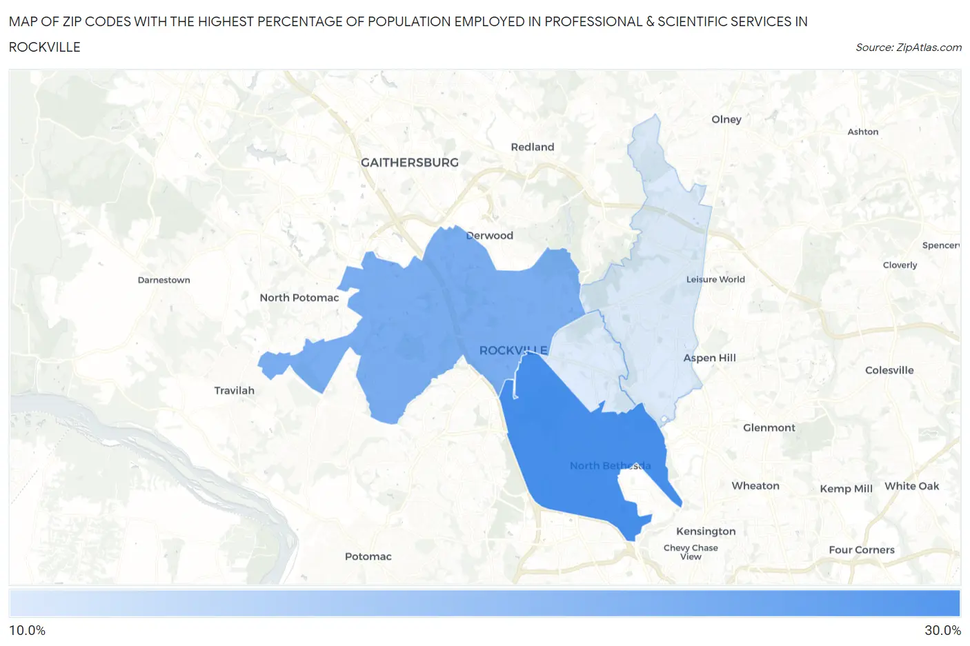 Zip Codes with the Highest Percentage of Population Employed in Professional & Scientific Services in Rockville Map