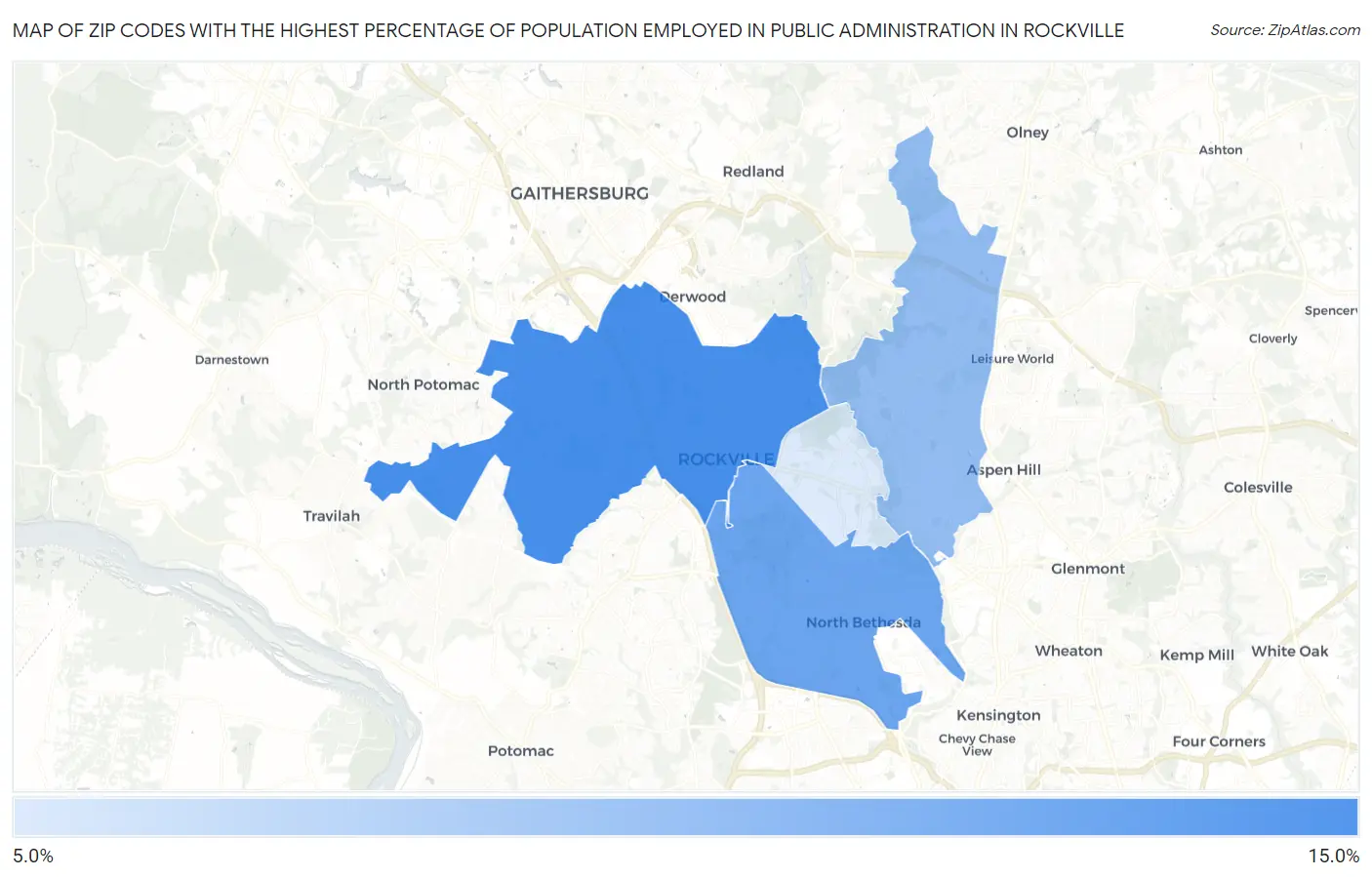 Zip Codes with the Highest Percentage of Population Employed in Public Administration in Rockville Map