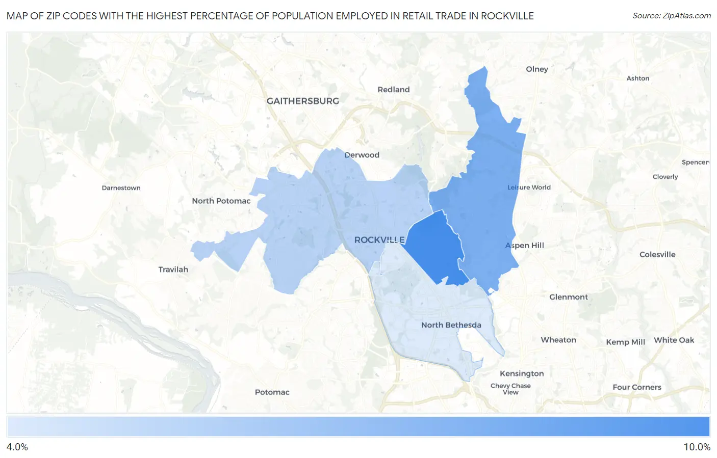 Zip Codes with the Highest Percentage of Population Employed in Retail Trade in Rockville Map