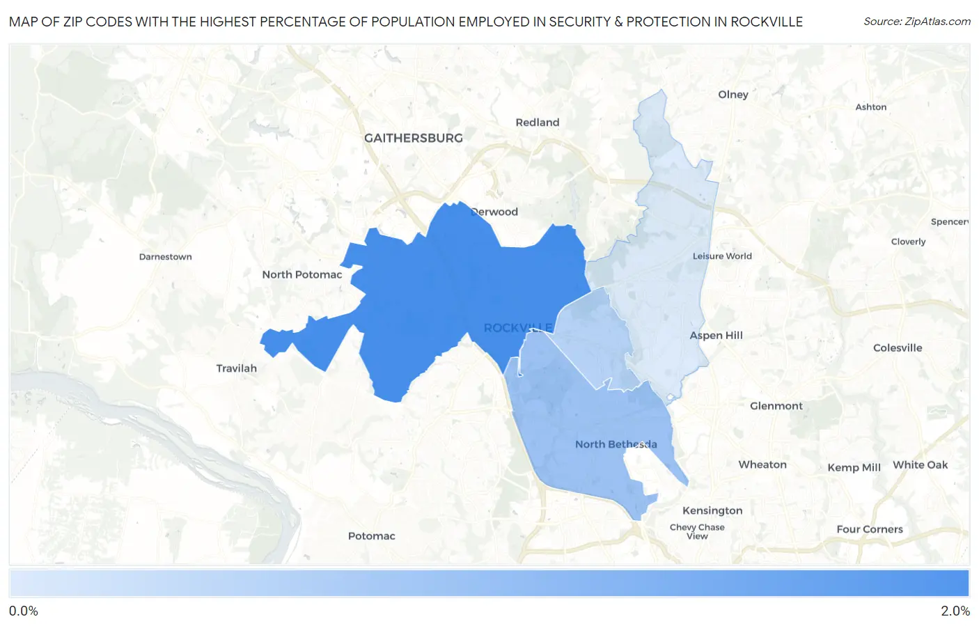 Zip Codes with the Highest Percentage of Population Employed in Security & Protection in Rockville Map