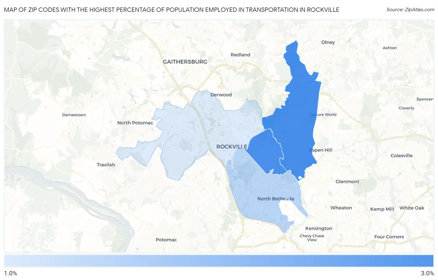Zip Codes with the Highest Percentage of Population Employed in Transportation in Rockville Map