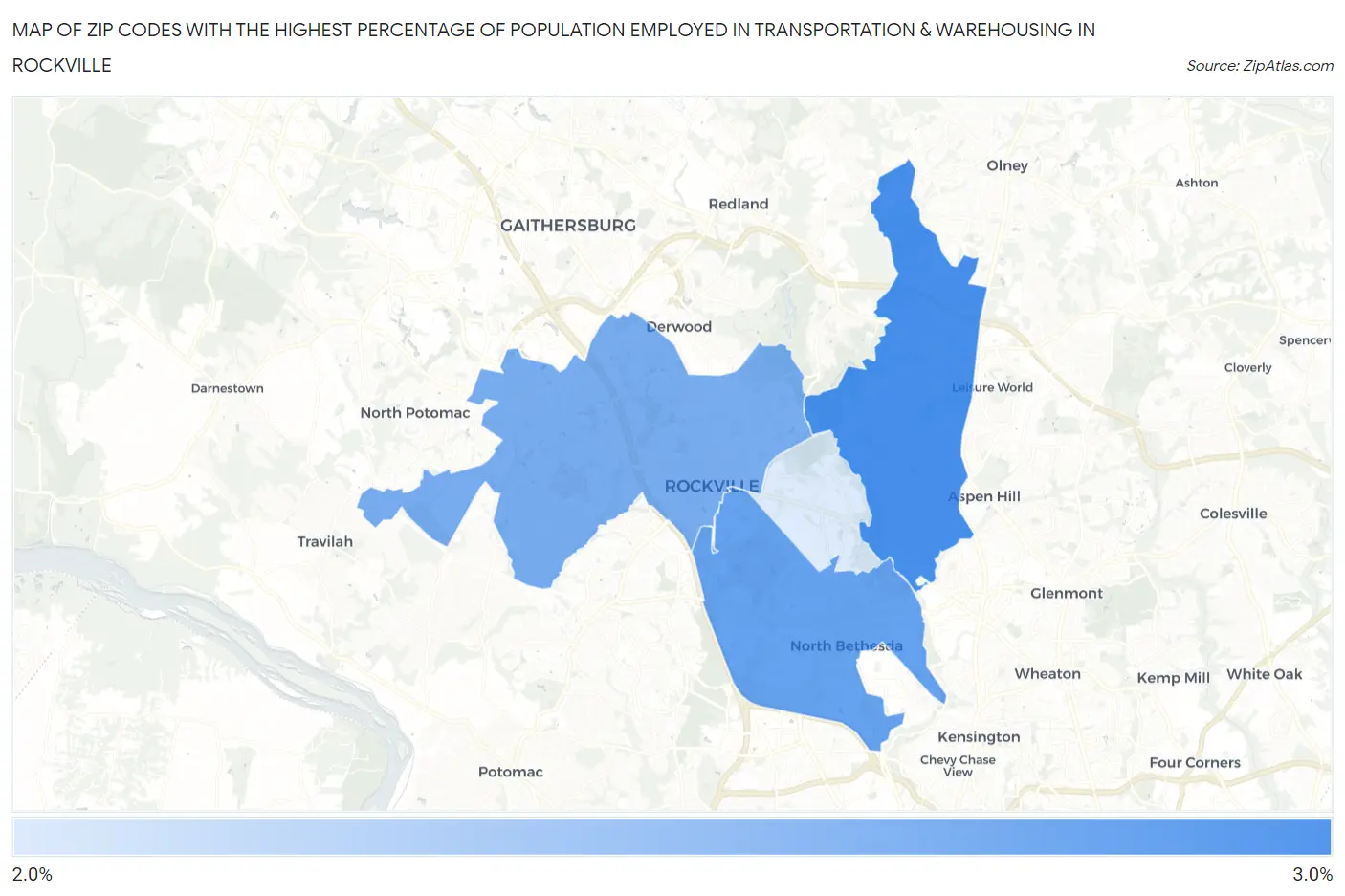 Zip Codes with the Highest Percentage of Population Employed in Transportation & Warehousing in Rockville Map